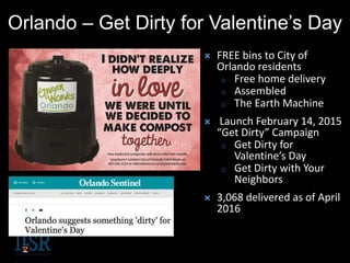 Orlando – Get Dirty for Valentine’s Day
 FREE bins to City of
Orlando residents
o Free home delivery
o Assembled
o The Earth Machine
 Launch February 14, 2015
“Get Dirty” Campaign
o Get Dirty for
Valentine’s Day
o Get Dirty with Your
Neighbors
 3,068 delivered as of April
2016
 