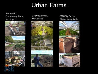 Urban Farms
Red Hook
Community Farm,
Brooklyn
Growing Power,
Milwaukee
ECO City Farms,
Bladensburg (MD)
 