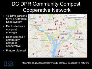 DC DPR Community Compost
Cooperative Network
http://dpr.dc.gov/service/community-compost-cooperative-network
 46 DPR gardens
have a Compost
Knox system
 Each site has a
compost
manager
 Each site has a
community
compost
cooperative
 6 more planned
 