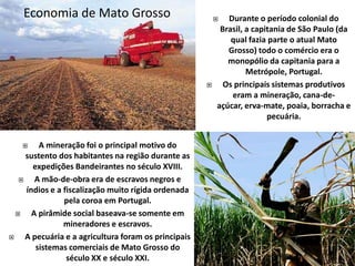 Economia de Mato GrossoDurante o período colonial do Brasil, a capitania de São Paulo (da qual fazia parte o atual Mato Grosso) todo o comércio era o monopólio da capitania para a Metrópole, Portugal. 