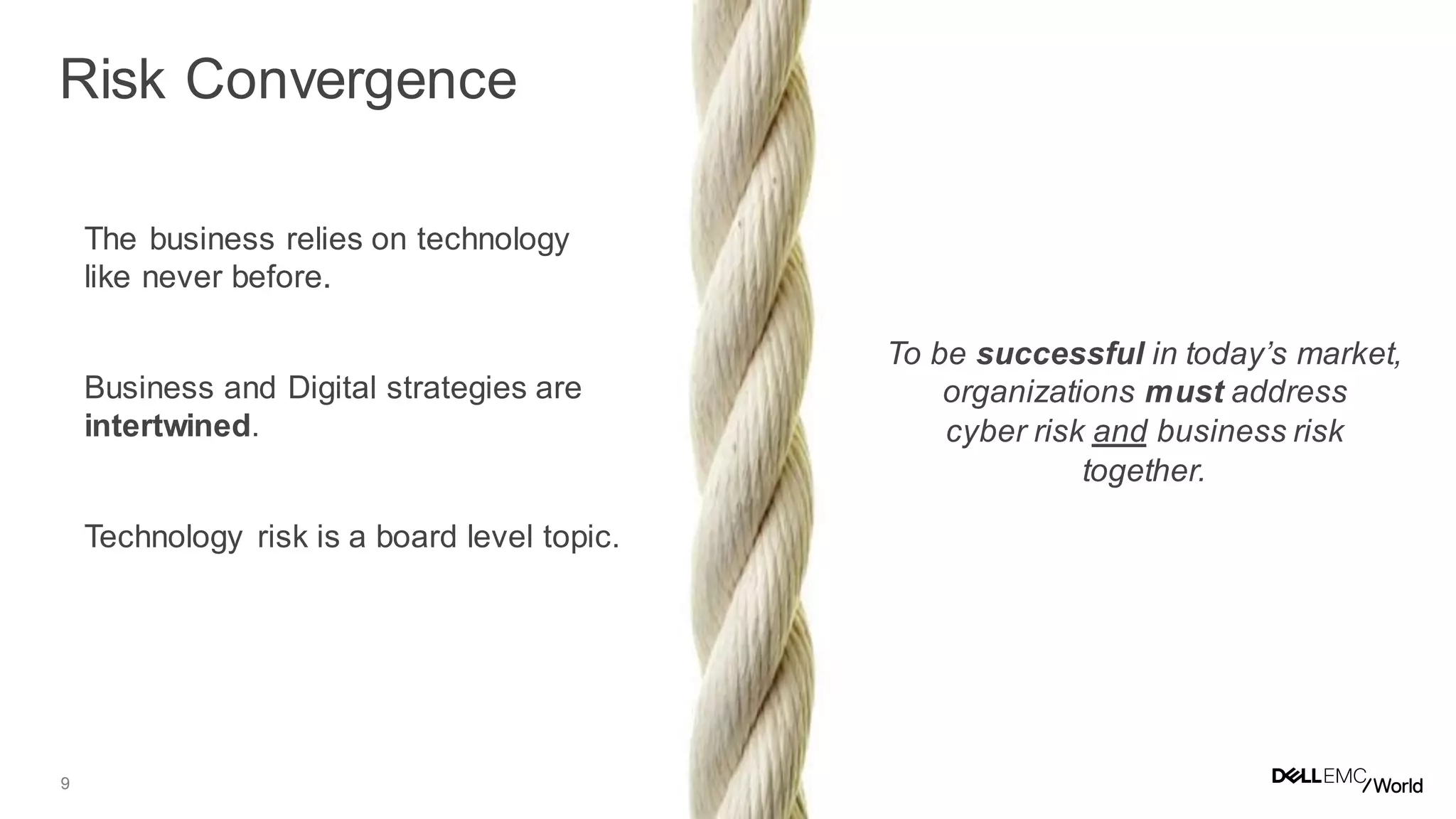 9
The business relies on technology
like never before.
Business and Digital strategies are
intertwined.
Technology risk is a board level topic.
To be successful in today’s market,
organizations must address
cyber risk and business risk
together.
Risk Convergence
 