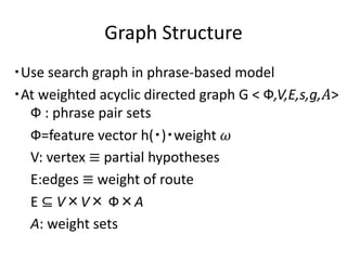 Graph Structure
・Use search graph in phrase-based model
・At weighted acyclic directed graph G < Ф,V,E,s,g,𝐴>
Ф : phrase pair sets
Ф=feature vector h(・)・weight 𝜔
V: vertex ≡ partial hypotheses
E:edges ≡ weight of route
E ⊆ V×V× Ф×A
A: weight sets
 