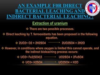 AN EXAMPLE F0R DIRECT
BACTERIAL LEACHING AND
INDIRECT BACTERIAL LEACHING :
Extraction of uranium






 