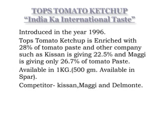  Introduced in the year 1996.
 Tops Tomato Ketchup is Enriched with
28% of tomato paste and other company
such as Kissan is giving 22.5% and Maggi
is giving only 26.7% of tomato Paste.
 Available in 1KG.(500 gm. Available in
Spar).
 Competitor- kissan,Maggi and Delmonte.
 