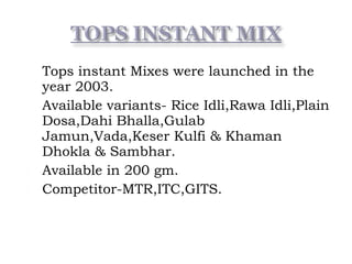  Tops instant Mixes were launched in the
year 2003.
 Available variants- Rice Idli,Rawa Idli,Plain
Dosa,Dahi Bhalla,Gulab
Jamun,Vada,Keser Kulfi & Khaman
Dhokla & Sambhar.
 Available in 200 gm.
 Competitor-MTR,ITC,GITS.
 