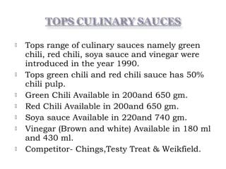  Tops range of culinary sauces namely green
chili, red chili, soya sauce and vinegar were
introduced in the year 1990.
 Tops green chili and red chili sauce has 50%
chili pulp.
 Green Chili Available in 200and 650 gm.
 Red Chili Available in 200and 650 gm.
 Soya sauce Available in 220and 740 gm.
 Vinegar (Brown and white) Available in 180 ml
and 430 ml.
 Competitor- Chings,Testy Treat & Weikfield.
 