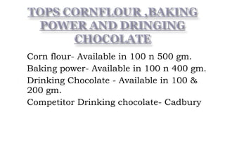  Corn flour- Available in 100 n 500 gm.
 Baking power- Available in 100 n 400 gm.
 Drinking Chocolate - Available in 100 &
200 gm.
 Competitor Drinking chocolate- Cadbury
 