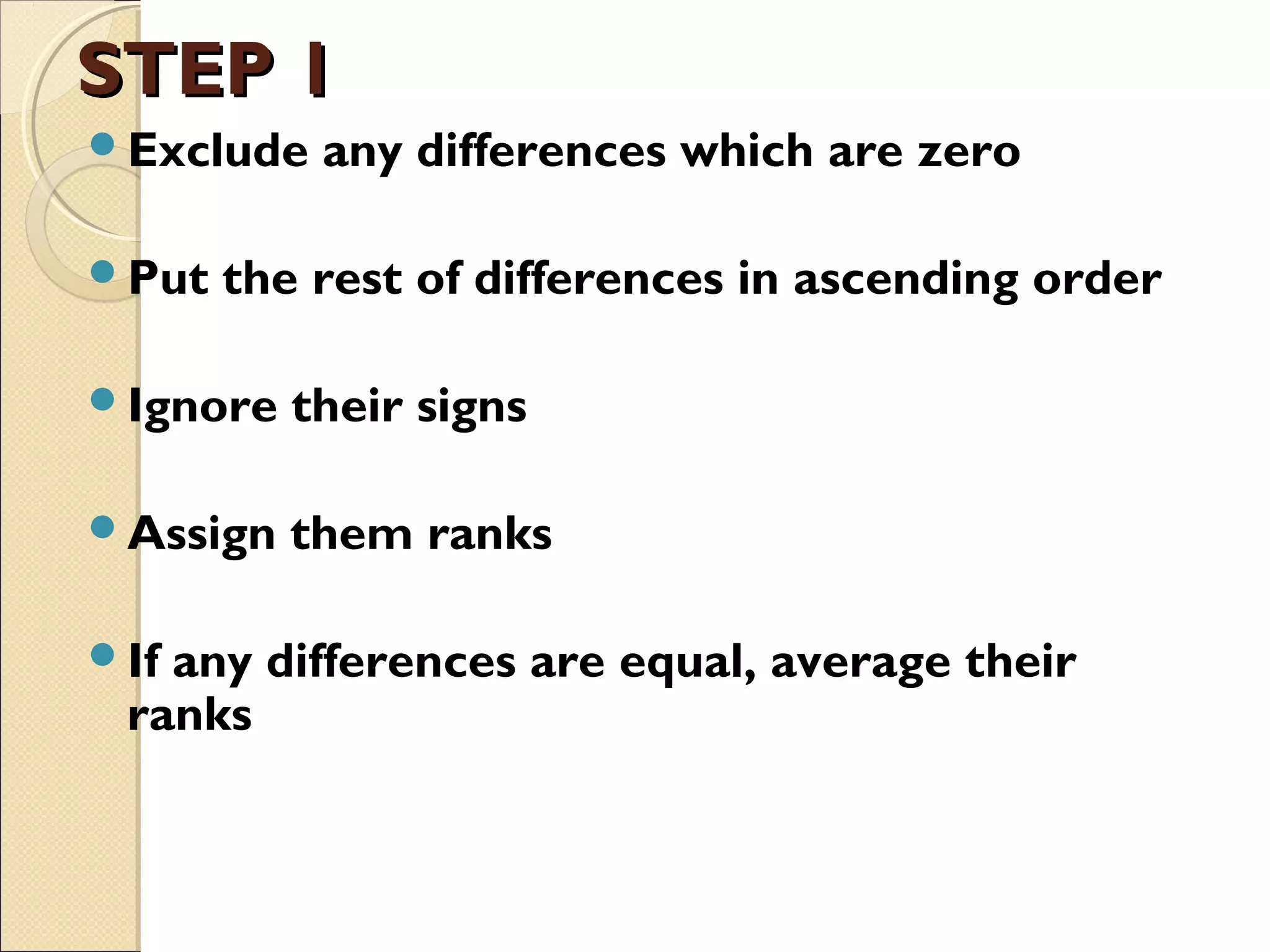 STEP 1STEP 1
Exclude any differences which are zero
Put the rest of differences in ascending order
Ignore their signs
Assign them ranks
If any differences are equal, average their
ranks
 