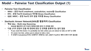 14/21
Model – Pairwise Text Classification Output (1)
• Pairwise Text Classification
• MNLI – 문장 Pair의 entailment, contradiction, neutral을 Classification
• RTE – 문장 Pair의 Entailment 여부를 Binary Classification
• QQP, MRPC – 문장 Pair의 의미 같음 여부를 Binary Classification
• Stochastic Answer Network(SAN)를 활용하여 Classification
• 핵심 Idea - Multi-step Reasoning
• RNN을 활용하여 2번 이상의 예측을 통해 문장 간 관계를 분류
• 다음 2가지 문장이 있을 때 한번에 문장 간 관계를 분류하기는 쉽지 않음
• If you need this book, it is probably too late unless you are about to take an SAT or GRE
• It’s never too late, unless you’re about to take a test.
• 두 문장이 Cotradiction이라고 분류하기 위해서는 SAT, GRE가 Test라고 예측 단계가 먼저 필요함
 