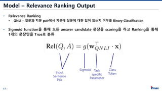 17/21
Model – Relevance Ranking Output
• Relevance Ranking
• QNLI – 질문과 지문 pair에서 지문에 질문에 대한 답이 있는지 여부를 Binary Classification
• Sigmoid function을 통해 모든 answer candidate 문장을 scoring을 하고 Ranking을 통해
1개의 문장만을 True로 분류
Input
Sentence
Pair
Sigmoid Task
specific
Parameter
Class
Token
 