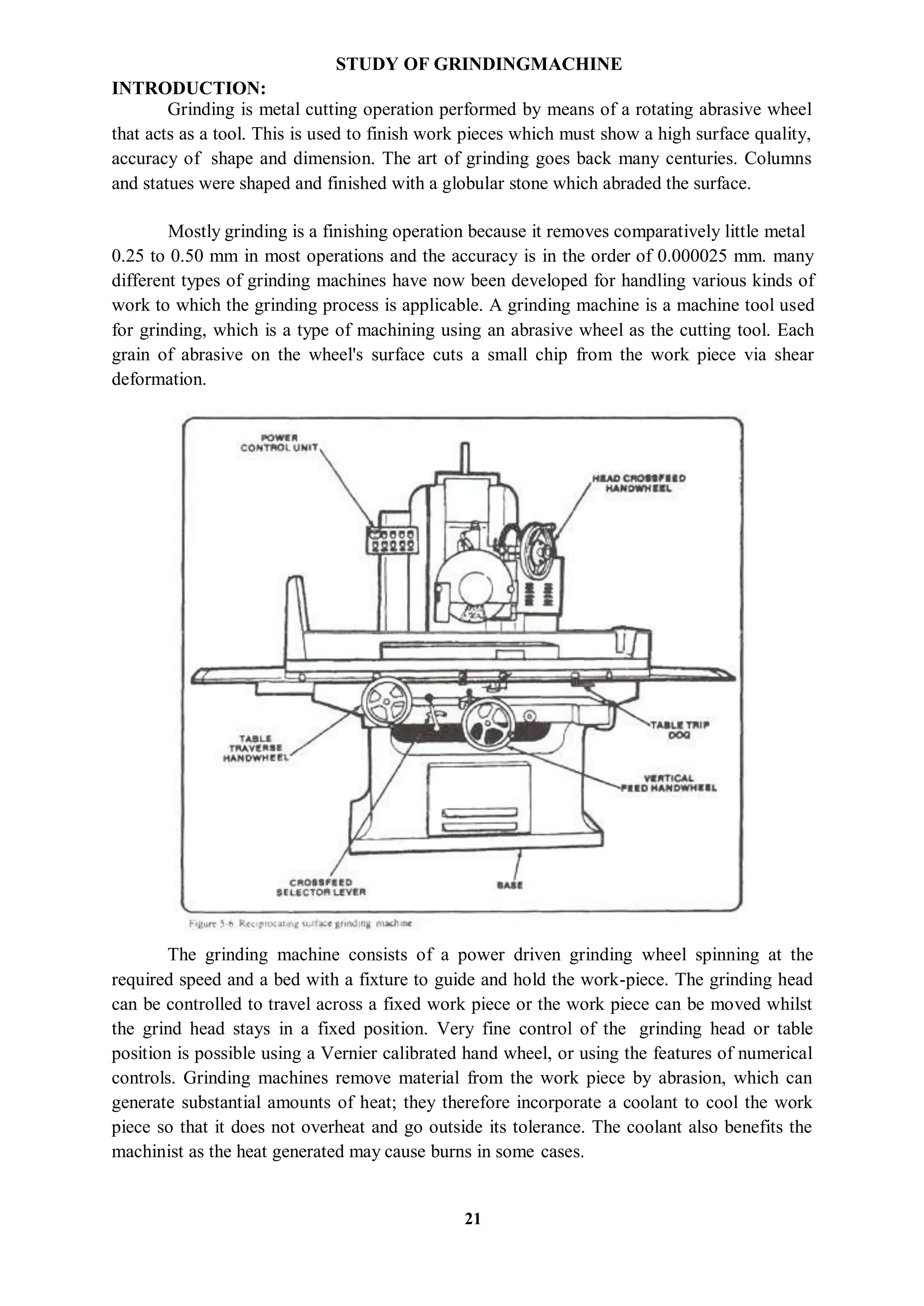21
STUDY OF GRINDINGMACHINE
INTRODUCTION:
Grinding is metal cutting operation performed by means of a rotating abrasive wheel
that acts as a tool. This is used to finish work pieces which must show a high surface quality,
accuracy of shape and dimension. The art of grinding goes back many centuries. Columns
and statues were shaped and finished with a globular stone which abraded the surface.
Mostly grinding is a finishing operation because it removes comparatively little metal
0.25 to 0.50 mm in most operations and the accuracy is in the order of 0.000025 mm. many
different types of grinding machines have now been developed for handling various kinds of
work to which the grinding process is applicable. A grinding machine is a machine tool used
for grinding, which is a type of machining using an abrasive wheel as the cutting tool. Each
grain of abrasive on the wheel's surface cuts a small chip from the work piece via shear
deformation.
The grinding machine consists of a power driven grinding wheel spinning at the
required speed and a bed with a fixture to guide and hold the work-piece. The grinding head
can be controlled to travel across a fixed work piece or the work piece can be moved whilst
the grind head stays in a fixed position. Very fine control of the grinding head or table
position is possible using a Vernier calibrated hand wheel, or using the features of numerical
controls. Grinding machines remove material from the work piece by abrasion, which can
generate substantial amounts of heat; they therefore incorporate a coolant to cool the work
piece so that it does not overheat and go outside its tolerance. The coolant also benefits the
machinist as the heat generated may cause burns in some cases.
 