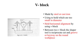 V- block
• Made by steel or cast iron
• Using to hold which are too
small in diameter
• Held horizontal alignment by
using v block
• Between two v block the shaper
tool is reciprocate cut and groove
or keyway on the round
workpiece
 