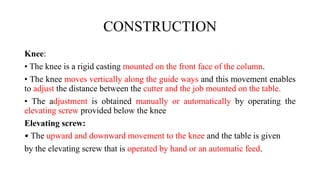 CONSTRUCTION
Knee:
• The knee is a rigid casting mounted on the front face of the column.
• The knee moves vertically along the guide ways and this movement enables
to adjust the distance between the cutter and the job mounted on the table.
• The adjustment is obtained manually or automatically by operating the
elevating screw provided below the knee
Elevating screw:
• The upward and downward movement to the knee and the table is given
by the elevating screw that is operated by hand or an automatic feed.
 