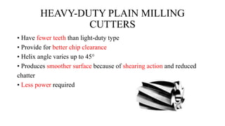 HEAVY-DUTY PLAIN MILLING
CUTTERS
• Have fewer teeth than light-duty type
• Provide for better chip clearance
• Helix angle varies up to 45°
• Produces smoother surface because of shearing action and reduced
chatter
• Less power required
 