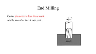 End Milling
Cutter diameter is less than work
width, so a slot is cut into part
 