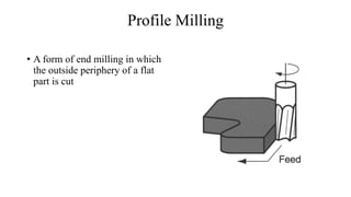 Profile Milling
• A form of end milling in which
the outside periphery of a flat
part is cut
 