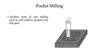 Pocket Milling
• Another form of end milling
used to mill shallow pockets into
flat parts
 