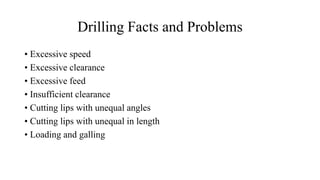 Drilling Facts and Problems
• Excessive speed
• Excessive clearance
• Excessive feed
• Insufficient clearance
• Cutting lips with unequal angles
• Cutting lips with unequal in length
• Loading and galling
 