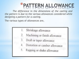 *
The difference in the dimensions of the casting and
the pattern is due to the various allowances considered while
designing a pattern for a casting.
The various types of allowances are,
 
