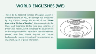 WORLD ENGLISHES (WE)
• refers to the localized varieties of English spoken in
different regions. In Asia, the concept was introduced
by Braj Kachru through his model of the “Three
Concentric Circles of English.” Many countries in the
Outer and Expanding Circles were once colonies of
Inner Circle nations, which influenced the development
of their English varieties. Because of these differences,
people come from diverse linguistic and cultural
backgrounds, making intercultural communication an
important aspect of global interaction.
 