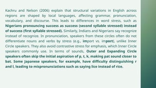 Kachru and Nelson (2006) explain that structural variations in English across
regions are shaped by local languages, affecting grammar, pronunciation,
vocabulary, and discourse. This leads to differences in word stress, such as
Nigerians pronouncing success as success (second syllable stressed) instead
of success (first syllable stressed). Similarly, Indians and Nigerians say recognize
instead of recognize. In pronunciation, speakers from these circles often do not
differentiate nouns and verbs by stress (e.g., import vs. import), unlike Inner
Circle speakers. They also avoid contrastive stress for emphasis, which Inner Circle
speakers commonly use. In terms of sounds, Outer and Expanding Circle
speakers often skip the initial aspiration of p, t, k, making pat sound closer to
bat. Some Japanese speakers, for example, have difficulty distinguishing r
and l, leading to mispronunciations such as saying lice instead of rice.
 