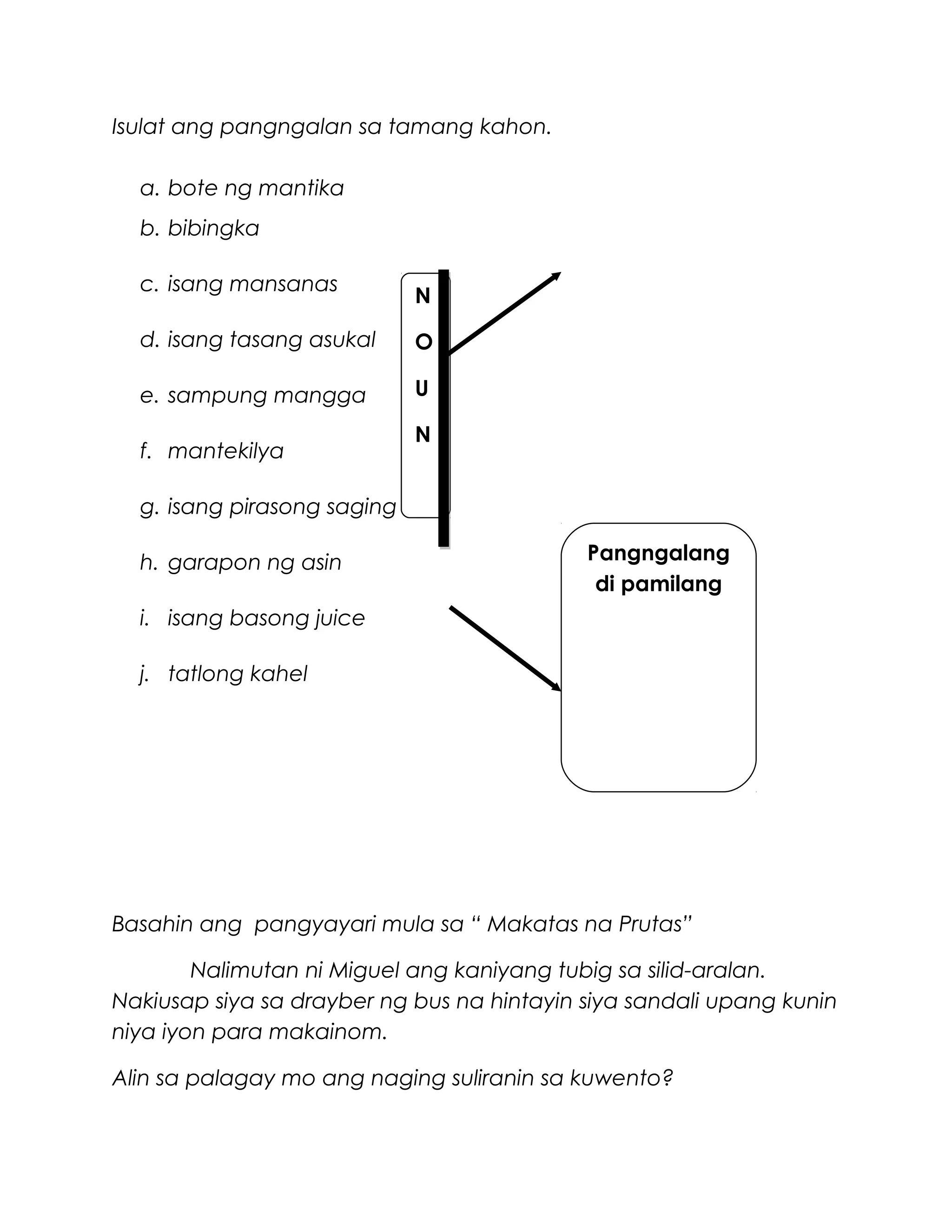Isulat ang pangngalan sa tamang kahon.
a. bote ng mantika
b. bibingka
c. isang mansanas
d. isang tasang asukal
e. sampung mangga
f. mantekilya
g. isang pirasong saging
h. garapon ng asin
i. isang basong juice
j. tatlong kahel
Basahin ang pangyayari mula sa “ Makatas na Prutas”
Nalimutan ni Miguel ang kaniyang tubig sa silid-aralan.
Nakiusap siya sa drayber ng bus na hintayin siya sandali upang kunin
niya iyon para makainom.
Alin sa palagay mo ang naging suliranin sa kuwento?
N
O
U
N
Pangngalang
di pamilang
 