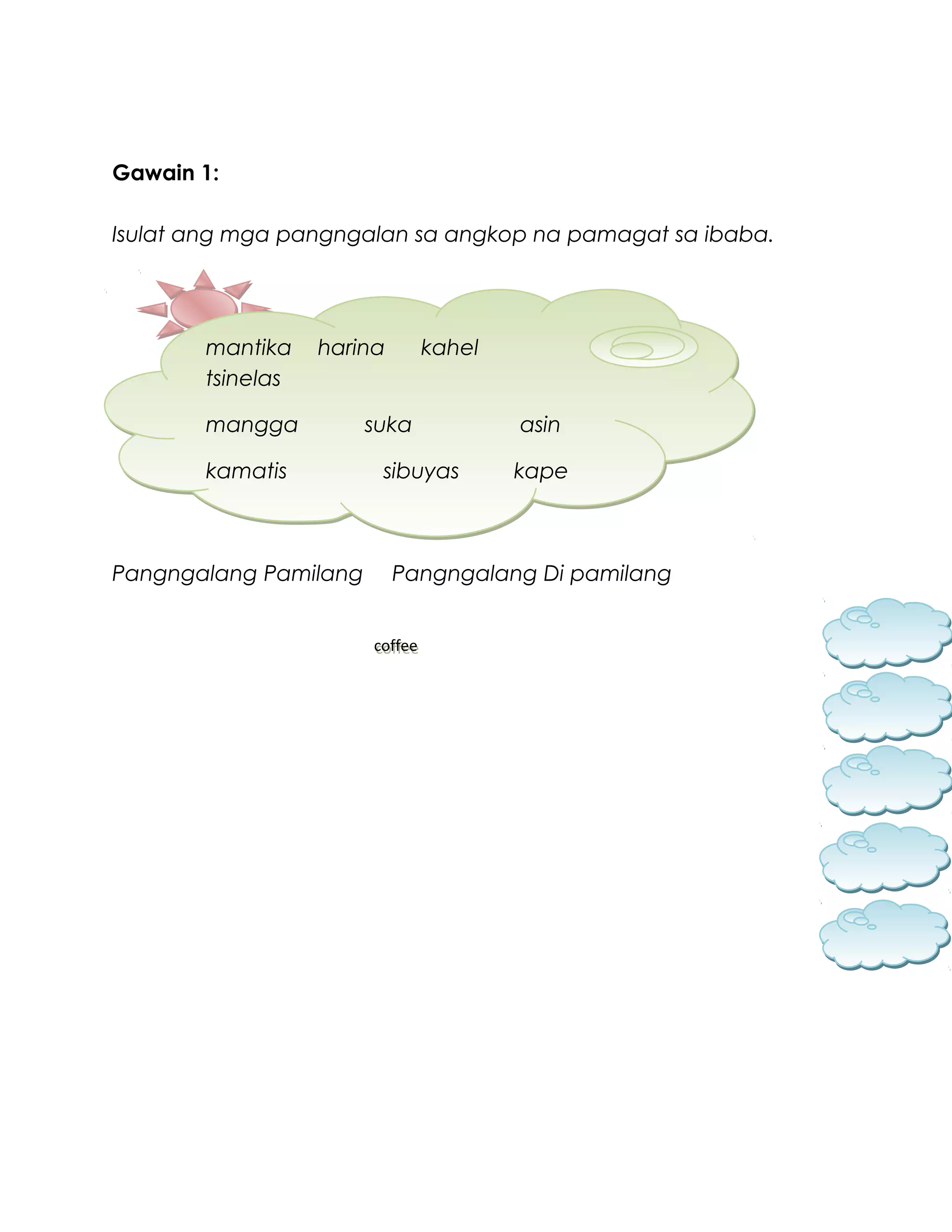 Gawain 1:
Isulat ang mga pangngalan sa angkop na pamagat sa ibaba.
Pangngalang Pamilang Pangngalang Di pamilang
mantika harina kahel
tsinelas
mangga suka asin
kamatis sibuyas kape
coffee
mantika harina kahel
tsinelas
mangga suka asin
kamatis sibuyas kape
coffee
 