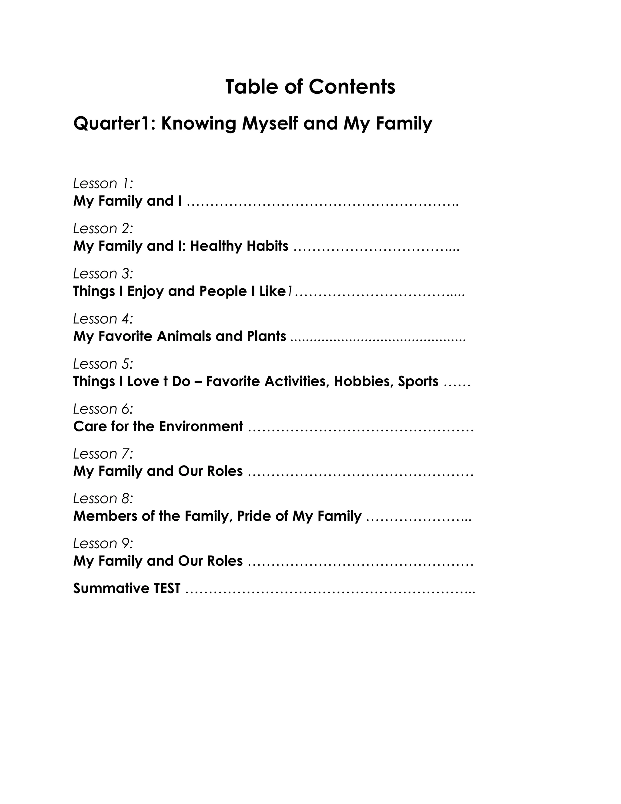 Table of Contents
Quarter1: Knowing Myself and My Family
Lesson 1:
My Family and I ………………………………………………….
Lesson 2:
My Family and I: Healthy Habits ……………………………...
Lesson 3:
Things I Enjoy and People I Like1……………………………....
Lesson 4:
My Favorite Animals and Plants .............................................
Lesson 5:
Things I Love t Do – Favorite Activities, Hobbies, Sports ……
Lesson 6:
Care for the Environment …………………………………………
Lesson 7:
My Family and Our Roles …………………………………………
Lesson 8:
Members of the Family, Pride of My Family …………………..
Lesson 9:
My Family and Our Roles …………………………………………
Summative TEST ……………………………………………………..
 