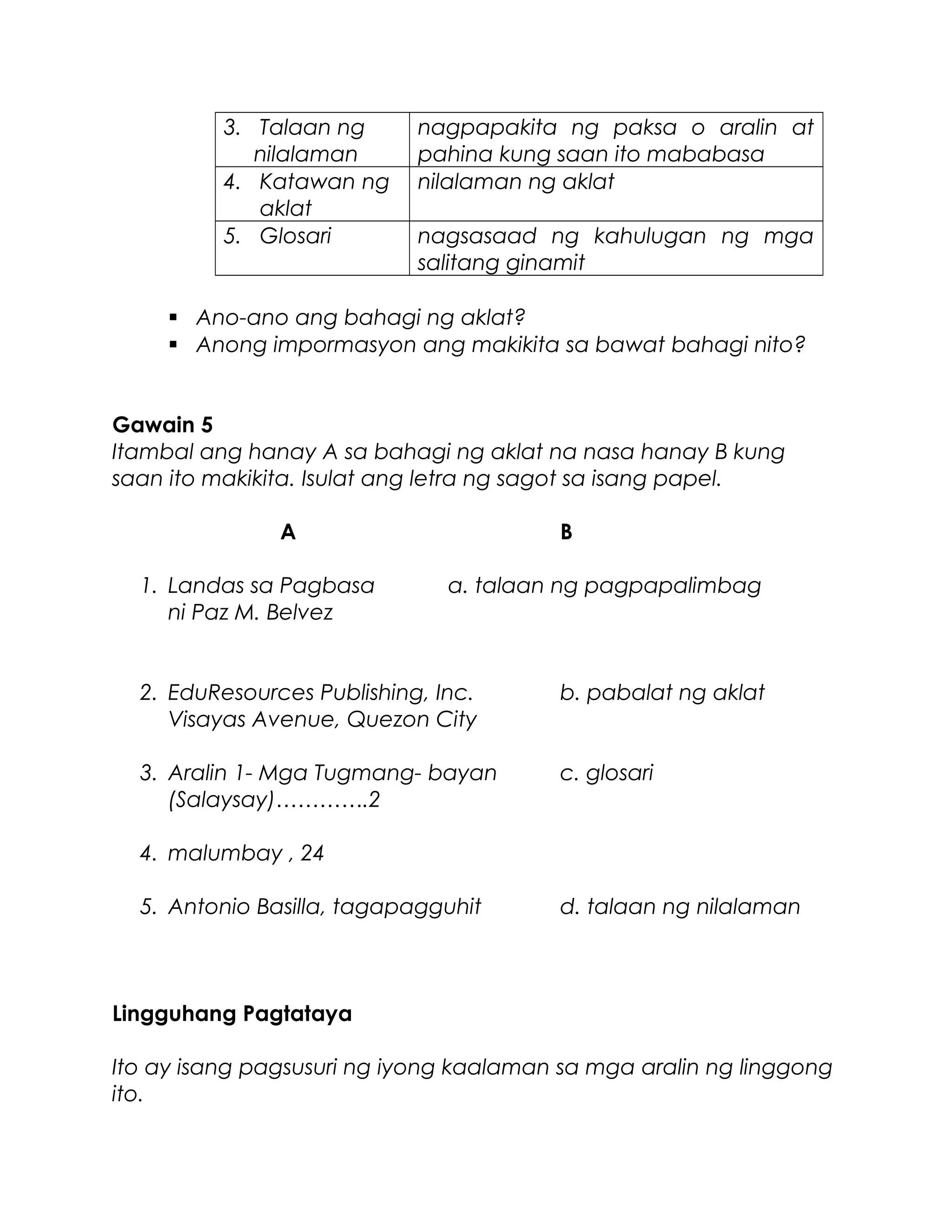 3. Talaan ng
nilalaman
nagpapakita ng paksa o aralin at
pahina kung saan ito mababasa
4. Katawan ng
aklat
nilalaman ng aklat
5. Glosari nagsasaad ng kahulugan ng mga
salitang ginamit
 Ano-ano ang bahagi ng aklat?
 Anong impormasyon ang makikita sa bawat bahagi nito?
Gawain 5
Itambal ang hanay A sa bahagi ng aklat na nasa hanay B kung
saan ito makikita. Isulat ang letra ng sagot sa isang papel.
A B
1. Landas sa Pagbasa a. talaan ng pagpapalimbag
ni Paz M. Belvez
2. EduResources Publishing, Inc. b. pabalat ng aklat
Visayas Avenue, Quezon City
3. Aralin 1- Mga Tugmang- bayan c. glosari
(Salaysay)………….2
4. malumbay , 24
5. Antonio Basilla, tagapagguhit d. talaan ng nilalaman
Lingguhang Pagtataya
Ito ay isang pagsusuri ng iyong kaalaman sa mga aralin ng linggong
ito.
 
