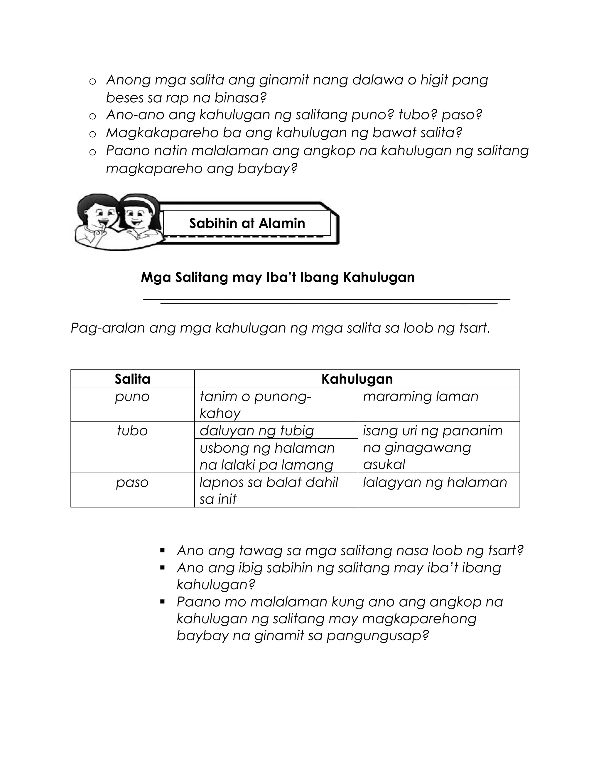 o Anong mga salita ang ginamit nang dalawa o higit pang
beses sa rap na binasa?
o Ano-ano ang kahulugan ng salitang puno? tubo? paso?
o Magkakapareho ba ang kahulugan ng bawat salita?
o Paano natin malalaman ang angkop na kahulugan ng salitang
magkapareho ang baybay?
Mga Salitang may Iba’t Ibang Kahulugan
Pag-aralan ang mga kahulugan ng mga salita sa loob ng tsart.
Salita Kahulugan
puno tanim o punong-
kahoy
maraming laman
tubo daluyan ng tubig isang uri ng pananim
na ginagawang
asukal
usbong ng halaman
na lalaki pa lamang
paso lapnos sa balat dahil
sa init
lalagyan ng halaman
 Ano ang tawag sa mga salitang nasa loob ng tsart?
 Ano ang ibig sabihin ng salitang may iba’t ibang
kahulugan?
 Paano mo malalaman kung ano ang angkop na
kahulugan ng salitang may magkaparehong
baybay na ginamit sa pangungusap?
Sabihin at Alamin
 