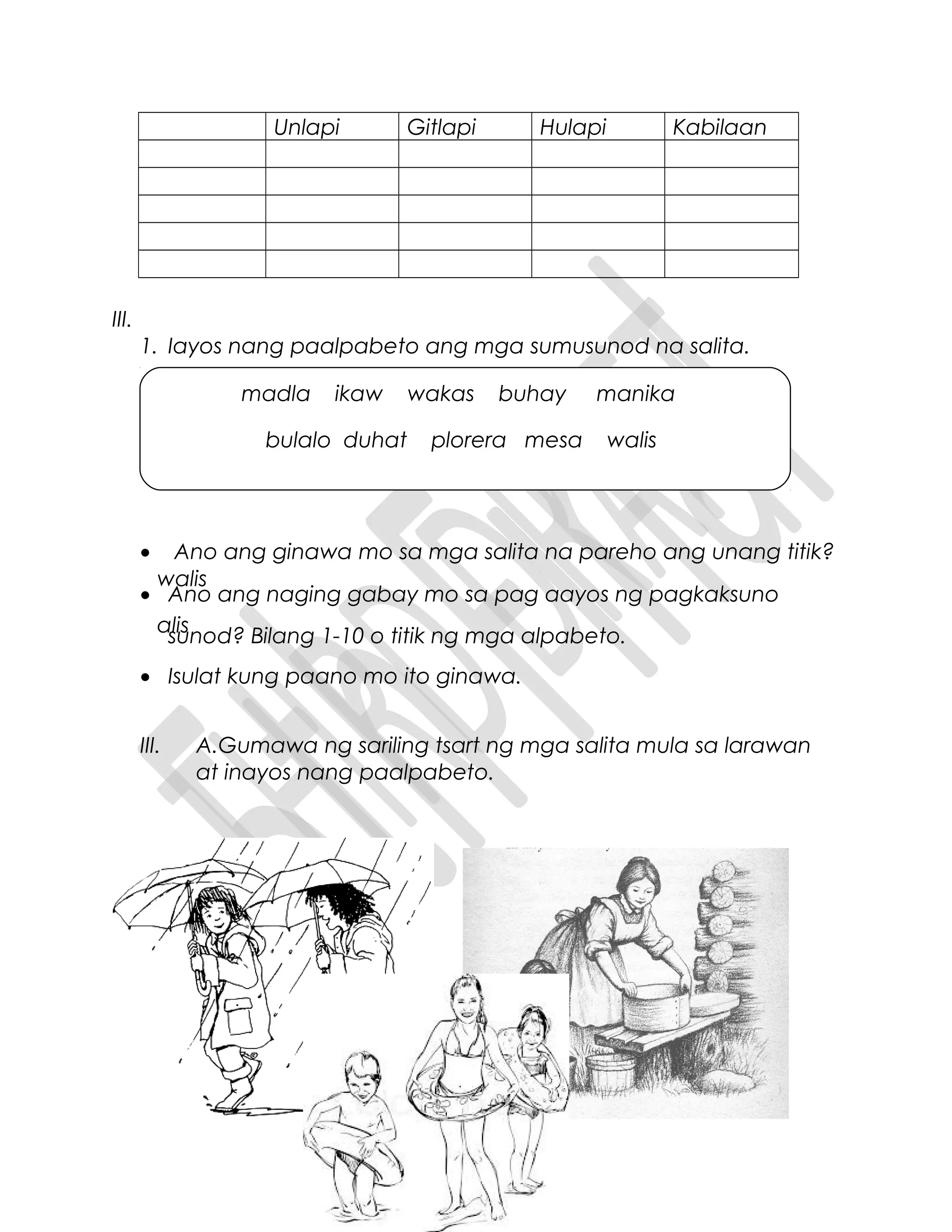 Unlapi Gitlapi Hulapi Kabilaan
III.
1. Iayos nang paalpabeto ang mga sumusunod na salita.
•
•
• Ano ang ginawa mo sa mga salita na pareho ang unang titik?
• Ano ang naging gabay mo sa pag aayos ng pagkaksuno
sunod? Bilang 1-10 o titik ng mga alpabeto.
• Isulat kung paano mo ito ginawa.
III. A.Gumawa ng sariling tsart ng mga salita mula sa larawan
at inayos nang paalpabeto.
madla ikaw wakas buhay manika
bulalo duhat plorera mesa walis
walis
alis
 