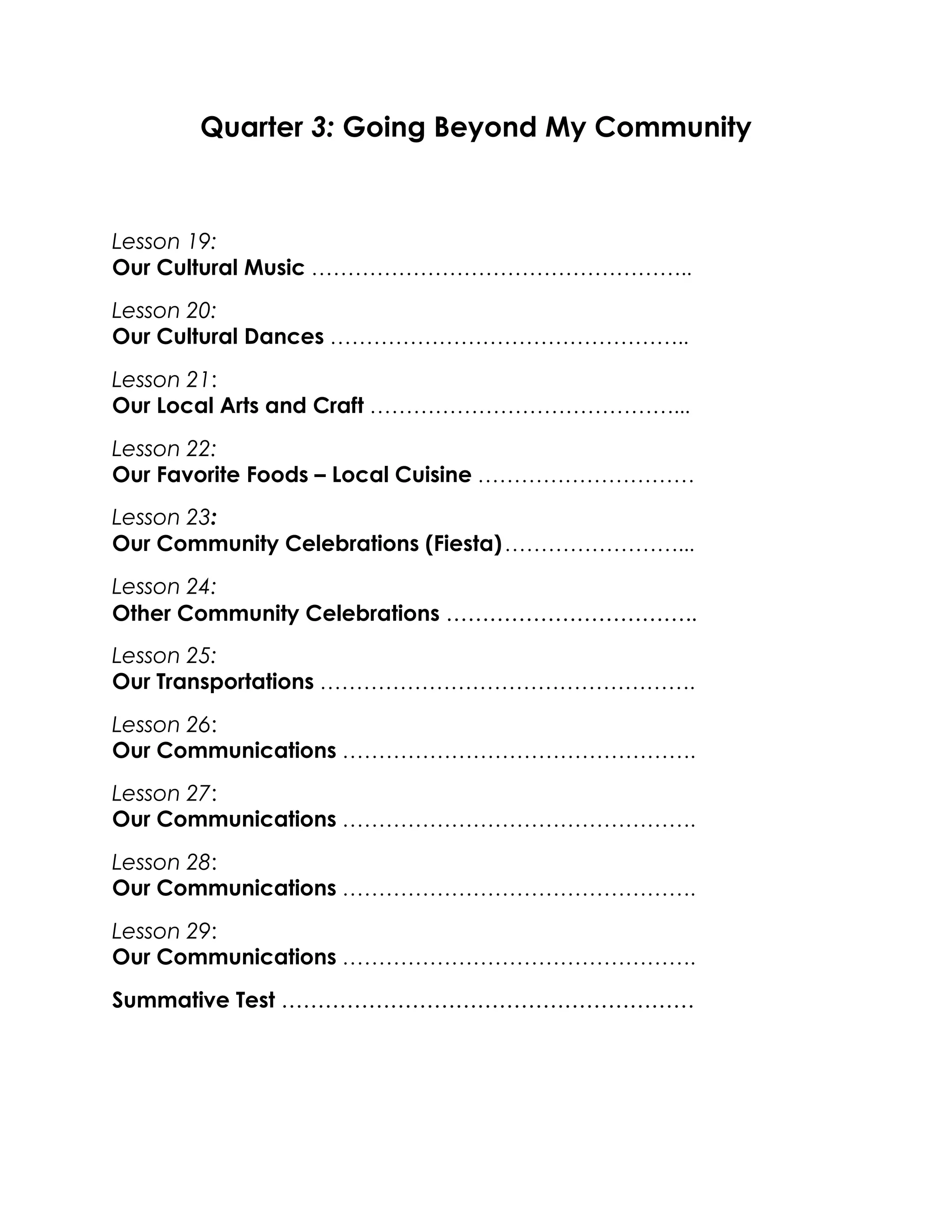 Quarter 3: Going Beyond My Community
Lesson 19:
Our Cultural Music ……………………………………………..
Lesson 20:
Our Cultural Dances …………………………………………..
Lesson 21:
Our Local Arts and Craft ……………………………………...
Lesson 22:
Our Favorite Foods – Local Cuisine …………………………
Lesson 23:
Our Community Celebrations (Fiesta)……………………...
Lesson 24:
Other Community Celebrations ……………………………..
Lesson 25:
Our Transportations …………………………………………….
Lesson 26:
Our Communications ………………………………………….
Lesson 27:
Our Communications ………………………………………….
Lesson 28:
Our Communications ………………………………………….
Lesson 29:
Our Communications ………………………………………….
Summative Test …………………………………………………
 