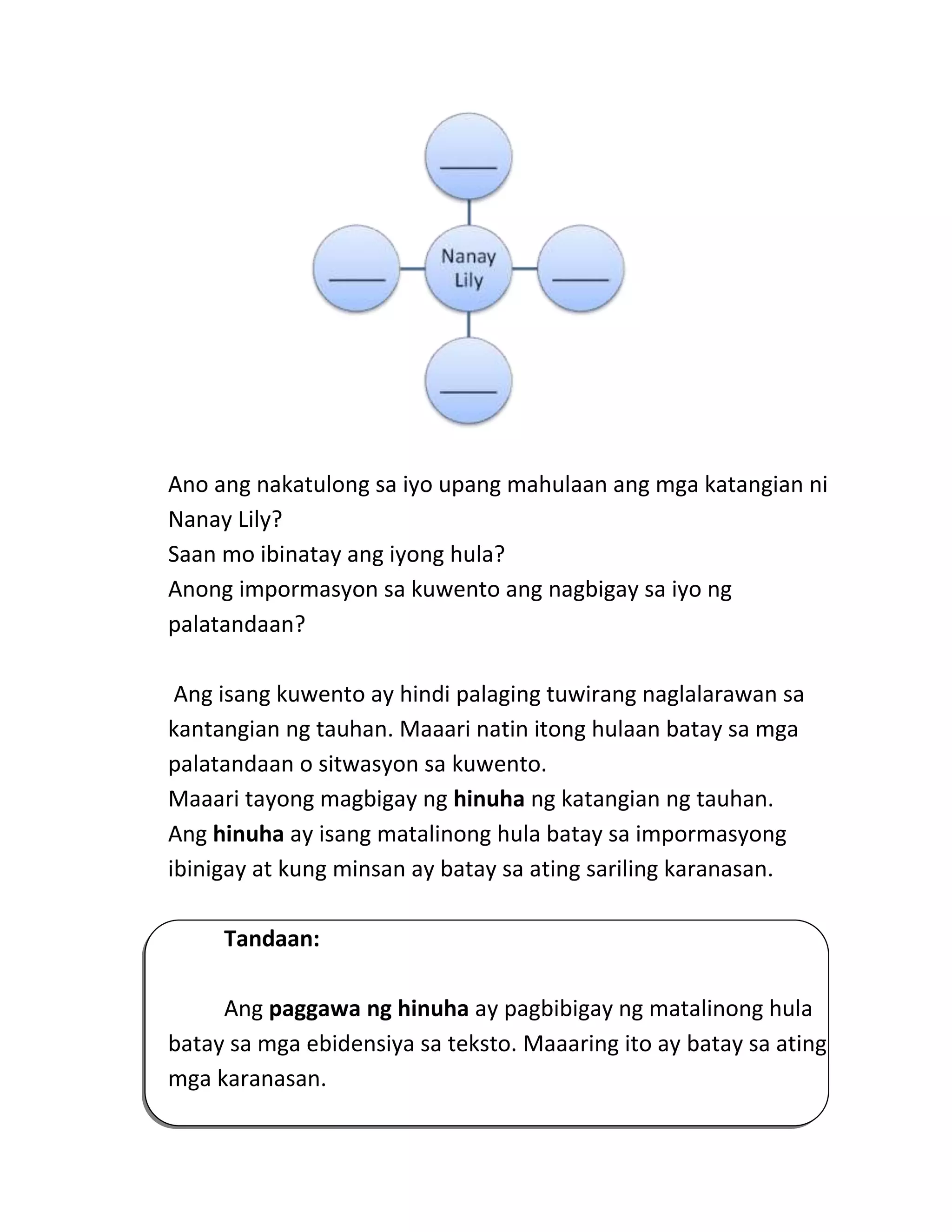 Ano ang nakatulong sa iyo upang mahulaan ang mga katangian ni
Nanay Lily?
Saan mo ibinatay ang iyong hula?
Anong impormasyon sa kuwento ang nagbigay sa iyo ng
palatandaan?
Ang isang kuwento ay hindi palaging tuwirang naglalarawan sa
kantangian ng tauhan. Maaari natin itong hulaan batay sa mga
palatandaan o sitwasyon sa kuwento.
Maaari tayong magbigay ng hinuha ng katangian ng tauhan.
Ang hinuha ay isang matalinong hula batay sa impormasyong
ibinigay at kung minsan ay batay sa ating sariling karanasan.
Tandaan:
Ang paggawa ng hinuha ay pagbibigay ng matalinong hula
batay sa mga ebidensiya sa teksto. Maaaring ito ay batay sa ating
mga karanasan.
 