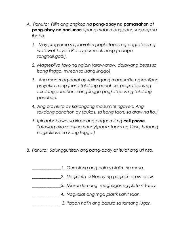 Worksheet About Pang-abay Panahon Panlunan And Pamaraan For Grade 3