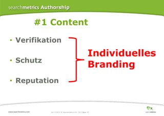 Authorship

#1 Content
• Verifikation

Individuelles
Branding

• Schutz
• Reputation

10/17/2013 ® Searchmetrics Inc. 2013 Page 19
│

 