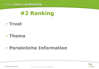 Authorship

#2 Ranking
• Trust
• Thema
• Persönliche Information

10/17/2013 ® Searchmetrics Inc. 2013 Page 27
│

 