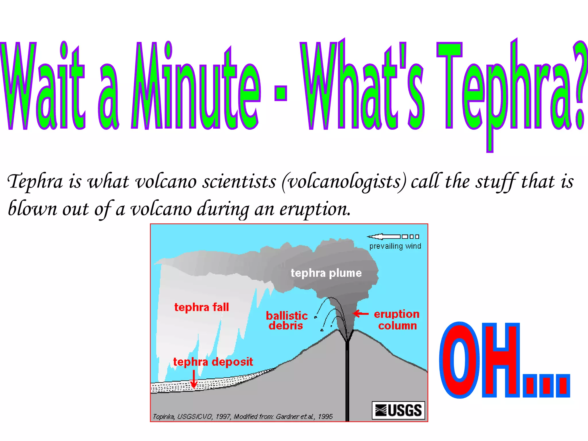Wait a Minute - What's Tephra? Tephra is what volcano scientists (volcanologists) call the stuff that is blown out of a volcano during an eruption. OH... 