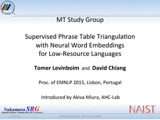 MT	
  Study	
  Group	
  
	
  
Supervised	
  Phrase	
  Table	
  Triangula8on	
  
with	
  Neural	
  Word	
  Embeddings	
  
for	
  Low-­‐Resource	
  Languages	
  
	
  
Tomer	
  Levinboim	
  	
  and	
  	
  David	
  Chiang	
  
	
  
Proc.	
  of	
  EMNLP	
  2015,	
  Lisbon,	
  Portugal	
  
Introduced	
  by	
  Akiva	
  Miura,	
  AHC-­‐Lab	
  
15/10/15	
 2015©Akiva	
  Miura	
  	
  	
  AHC-­‐Lab,	
  IS,	
  NAIST	
 1	
 