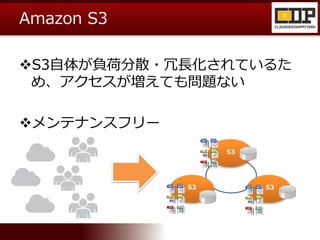 Amazon S3
S3自体が負荷分散・冗長化されているた
め、アクセスが増えても問題ない
メンテナンスフリー
S3
S3 S3
 