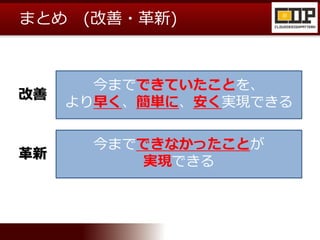 まとめ (改善・革新)
今までできていたことを、
より早く、簡単に、安く実現できる
今までできなかったことが
実現できる
改善
革新
 