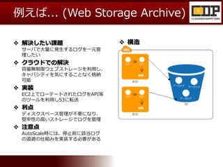 例えば... (Web Storage Archive)
 解決したい課題
サーバで大量に発生するログを一元管
理したい
 クラウドでの解決
容量無制限ウェブストレージを利用し、
キャパシティを気にすることなく格納
可能
 実装
EC2上でローテートされたログをAPI等
のツールを利用しS3に転送
 利点
ディスクスペース管理が不要になり、
堅牢性の高いストレージでログを管理
 注意点
AutoScale時には、停止前に該当ログ
の退避の仕組みを実装する必要がある
 構造
 
