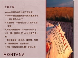 4000 年前的埃及法老王原生種 1990 年被美國農業部列為保護農作物 ，將之稱為 QK-77 本身堅韌，不使用任何人工肥料或除 草劑 具有天然香甜味（ Sweet Wheat ） 比一般小麥高出  20~40% 的蛋白質，較 　高的氨基酸、維他命、礦物質、脂質 口感細緻美味，且容易消化 卡姆小麥與現代的杜蘭小麥同品種 卡姆小麥 