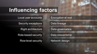 Dell - Internal Use - Confidential
Encryption at rest
Data governance
Data lineage
Data stewardship
Network design
Influencing factors
Local user accounts
Right architecture
Security exceptions
Role-based security
Row-level security
