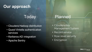 Dell - Internal Use - Confidential
Today Planned
Our approach
• Cloudera Hadoop distribution
• Quest Vintella authentication
services
• Kerberos AD integration
• Apache Sentry
• ClouderaKey
Management System
• Record service
• Row-level security
• Encryption