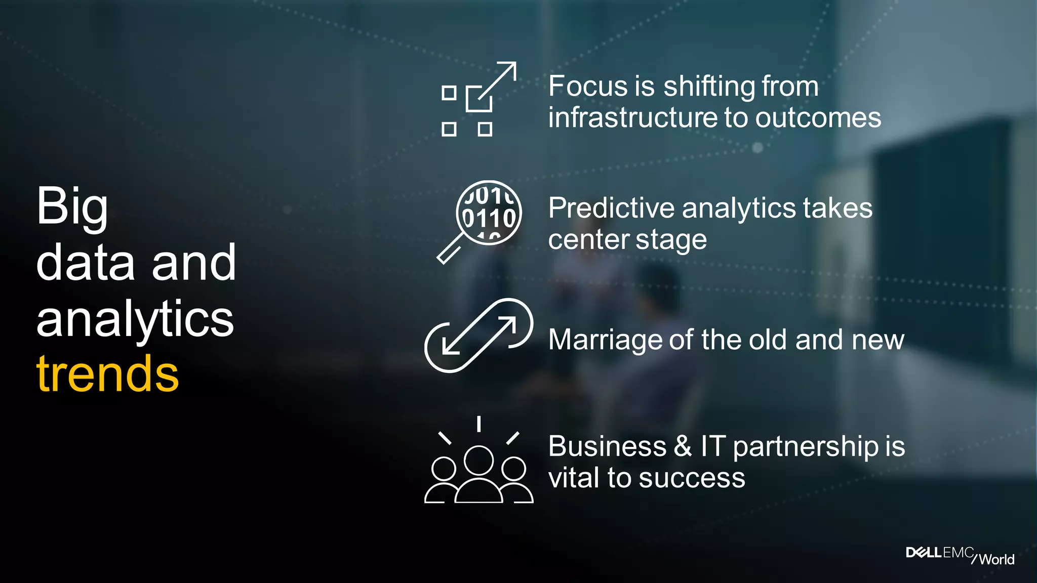 Dell - Internal Use - Confidential
Big
data and
analytics
trends
Business & IT partnership is
vital to success
Marriage of the old and new
Predictive analytics takes
center stage
Focus is shifting from
infrastructure to outcomes
 