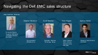 Executive Director,
Regional VAR Sales
& Canada Channel,
Dell EMC
David Miketinac- Moderator
Gamon Yaklich
President, Winslow
Technology Group
Stephen Monteros Scott Winslow
Vice President,
SIGMAnet inc.
Regional Sales Director,
Dell EMC
Navigating the Dell EMC sales structure
Dave Rogers
Senior Director,
North America
Channel Sales,
Dell EMC
 