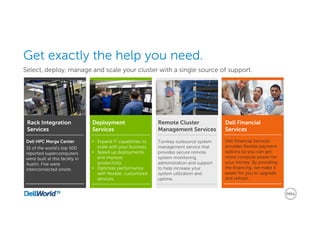 Select, deploy, manage and scale your cluster with a single source of support.
Get exactly the help you need.
Rack Integration
Services
Dell HPC Merge Center
15 of the world’s top 500
reported supercomputers
were built at this facility in
Austin. Five were
interconnected onsite.
• Expand IT capabilities to
scale with your business
• Speed up deployments.
and improve
productivity.
• Optimize performance
with flexible, customized
services.
Turnkey outsource system
management service that
provides secure remote
system monitoring,
administration and support
to help increase your
system utilization and
uptime.
Dell Financial Services
provides flexible payment
options so you can get
more compute power for
your money. By providing
the financing, we make it
easier for you to upgrade
and refresh.
Deployment
Services
Remote Cluster
Management Services
Dell Financial
Services
 