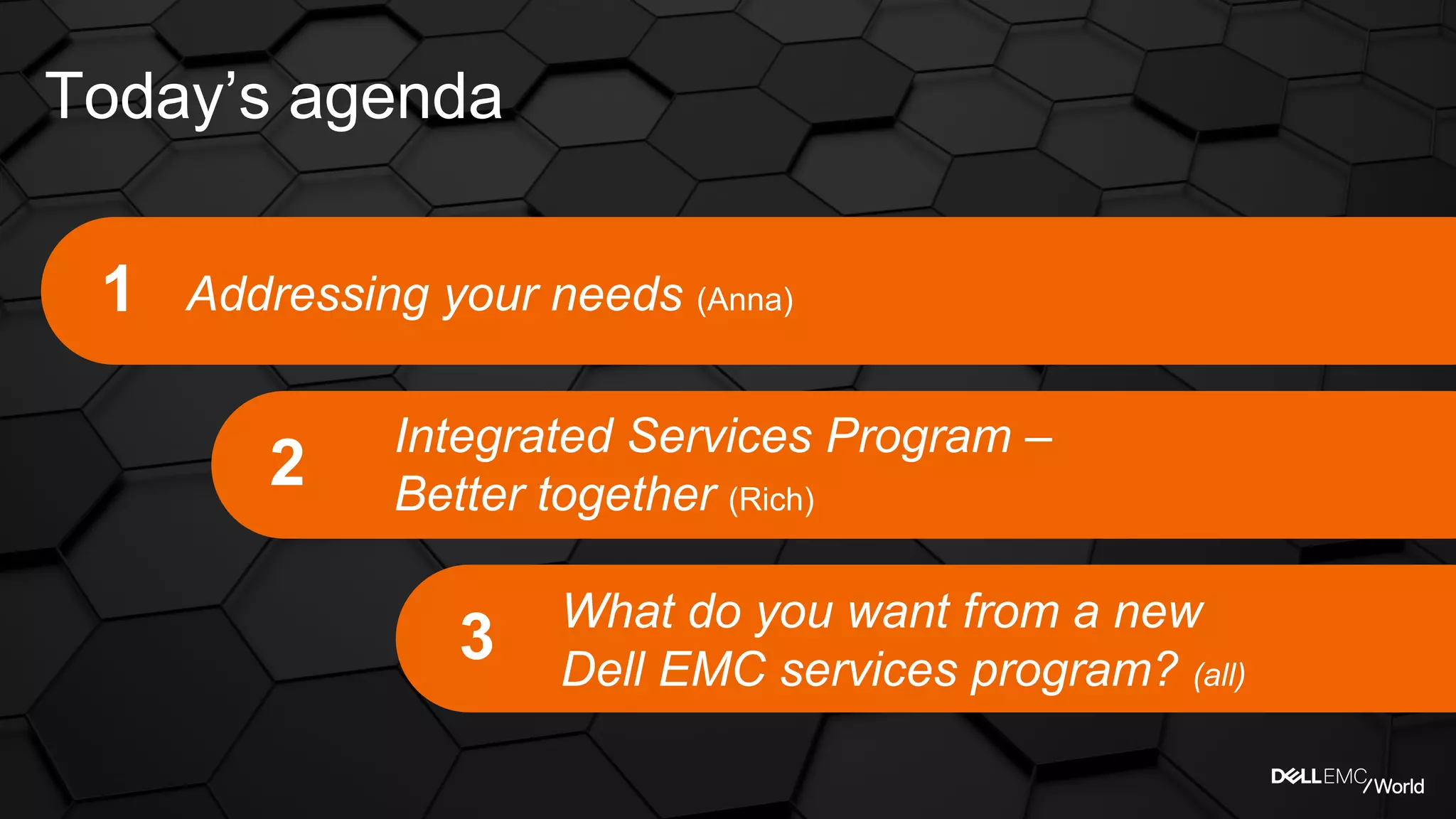 Today’s agenda
Addressing your needs (Anna)1
2
3
Integrated Services Program –
Better together (Rich)
What do you want from a new
Dell EMC services program? (all)
 