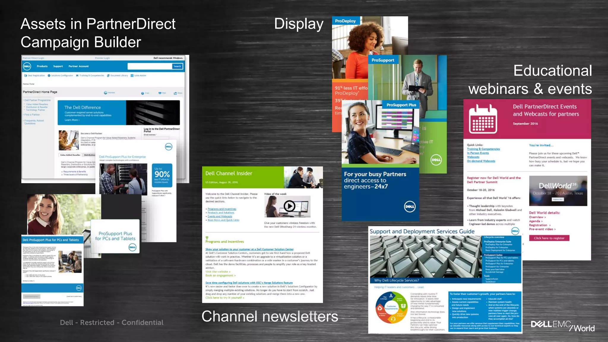 Dell - Restricted - Confidential
Assets in PartnerDirect
Campaign Builder
Educational
webinars & events
Channel newsletters
Display
 