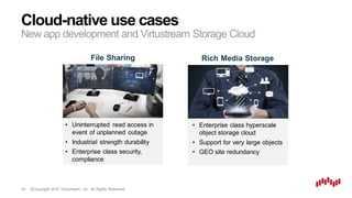 ©Copyright 2016 Virtustream, Inc. All Rights Reserved.
• Uninterrupted read access in
event of unplanned outage
• Industrial strength durability
• Enterprise class security,
compliance
16
New app development and Virtustream Storage Cloud
Cloud-native use cases
Rich Media StorageFile Sharing
• Enterprise class hyperscale
object storage cloud
• Support for very large objects
• GEO site redundancy
 